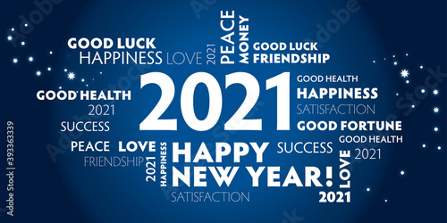 Creative concept of 2021 Happy New Year with best wishes - english language on blue background