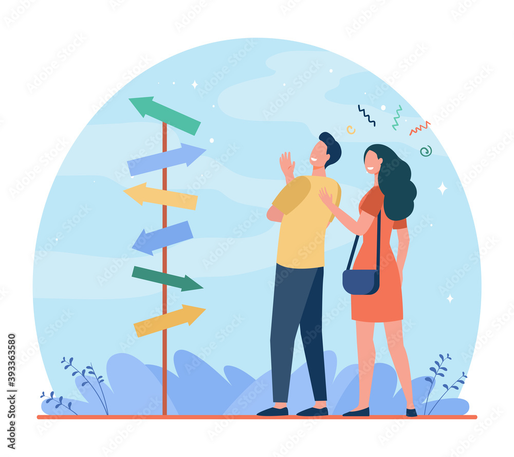 Happy couple choosing way for walking. Arrow, spouse, together flat vector illustration. Direction and relationship concept for banner, website design or landing web page