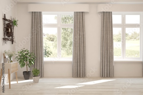 White empty room with summer landscape in window. Scandinavian interior design. 3D illustration