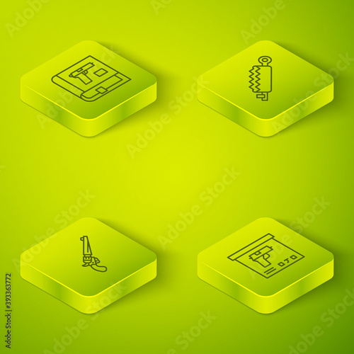 Set Isometric line Trap hunting, Revolver gun, Military ammunition box and Book with pistol or icon. Vector.