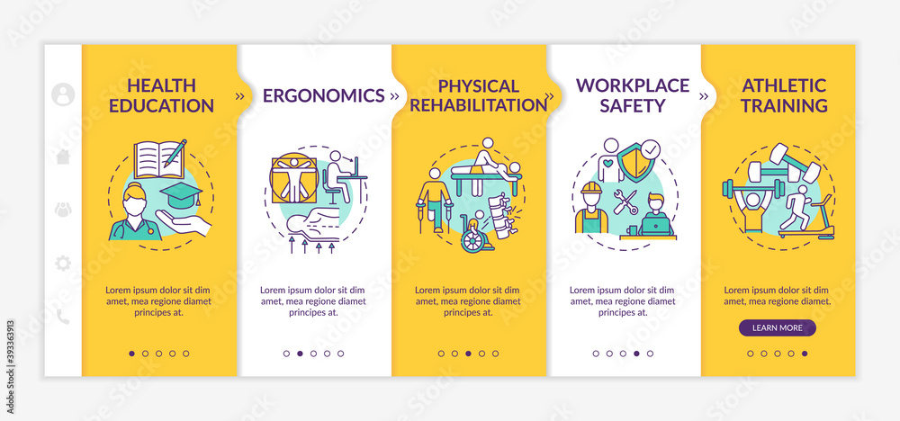 Fototapeta premium Physical health onboarding vector template. Trauma recovery. Bodycare, ergonomics. Athlete training. Responsive mobile website with icons. Webpage walkthrough step screens. RGB color concept