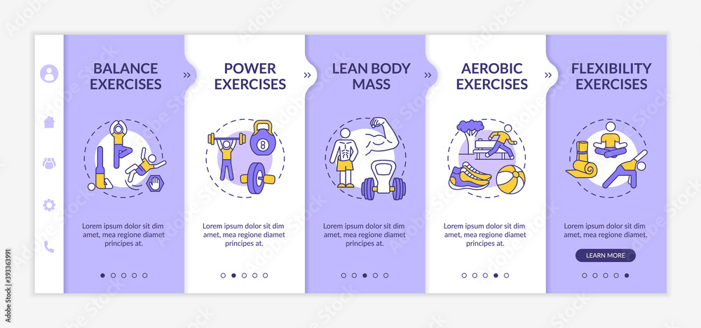 Muscle training onboarding vector template. Fitness exercise. Lean body mass. Physical health. Responsive mobile website with icons. Webpage walkthrough step screens. RGB color concept