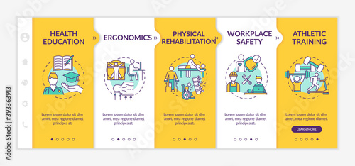 Physical health onboarding vector template. Trauma recovery. Bodycare, ergonomics. Athlete training. Responsive mobile website with icons. Webpage walkthrough step screens. RGB color concept
