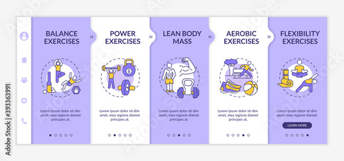 Muscle training onboarding vector template. Fitness exercise. Lean body mass. Physical health. Responsive mobile website with icons. Webpage walkthrough step screens. RGB color concept