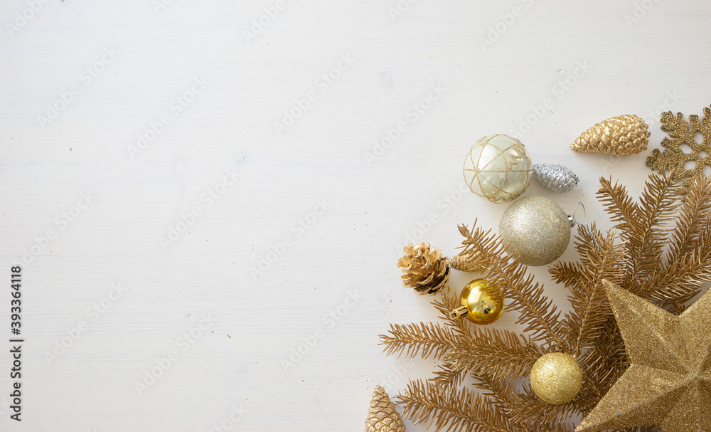 Obraz premium Merry Christmas and happy New Year background, Flat lay golden decoration composition