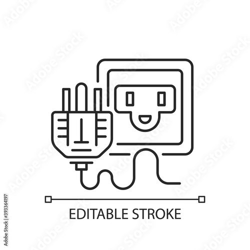 Socket for power supply linear icon. Technology cable. American plug. Wire for electricity. Thin line customizable illustration. Contour symbol. Vector isolated outline drawing. Editable stroke