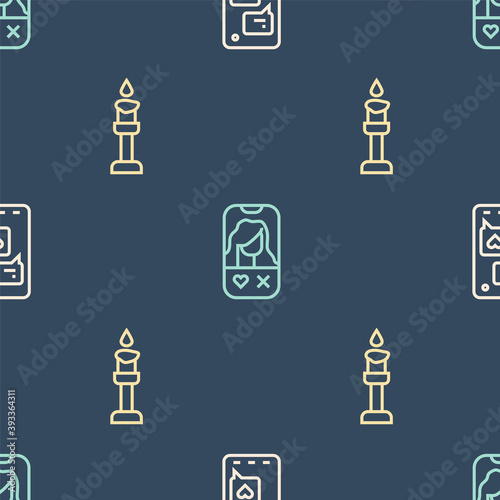 Set line Mobile with heart, Burning candle and Dating app online on seamless pattern. Vector.