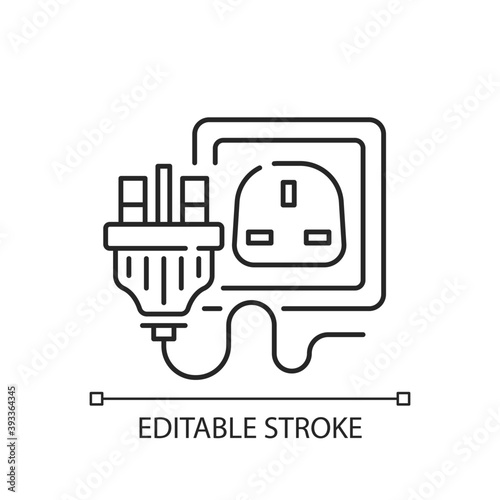 Industrial power outlet linear icon. Plug with multiple pins. Wall socket for appliance cable. Thin line customizable illustration. Contour symbol. Vector isolated outline drawing. Editable stroke
