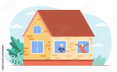 Old people talking through windows. House, love, pensioner flat vector illustration. Communication and retirement concept for banner, website design or landing web page