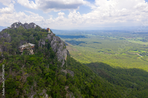 Aerial view over Wat Chalermprakiat temple on the rock cliffs of Lampang, Thailand