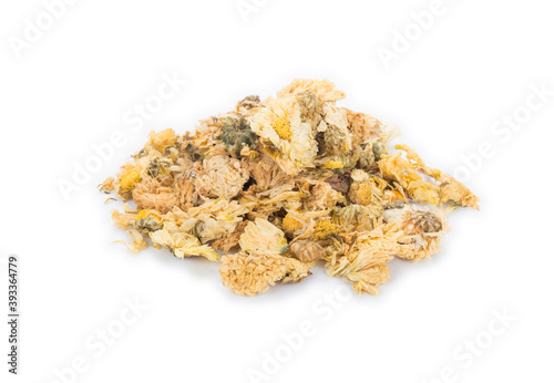 A pile of dried chrysanthemums on white background.