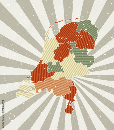 Netherlands vintage map. Grunge poster with map of the country in retro color palette. Shape of Netherlands with sunburst rays background. Vector illustration.