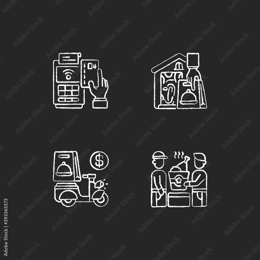Meal delivery orders chalk white icons set on black background. Cashless payment. Contactless option. Delivery fee. Food pickup. Courier service. Isolated vector chalkboard illustrations