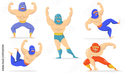 Mexican fighters in masks flat item set. Cartoon wrestlers standing, showing muscles, falling, smiling isolated vector illustration collection. Lucha libre and martial arts concept