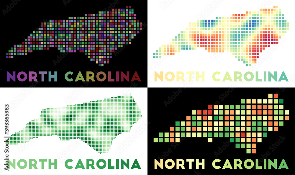 Fototapeta premium North Carolina map. Collection of maps of North Carolina in dotted style. Borders of the US state filled with rectangles for your design. Vector illustration.