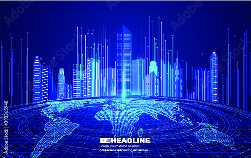 World map, line and architecture, the background of Internet finance technology in future city.