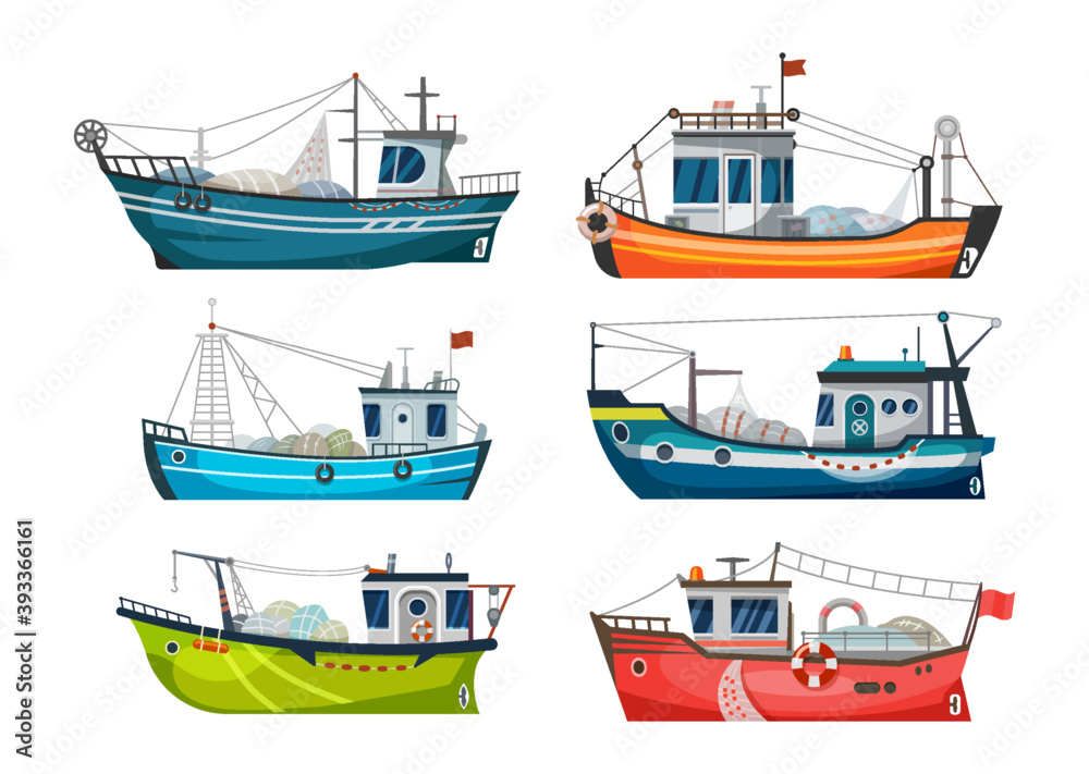Vetor de Boat, fishing ship or fisher trawler, vector sea fish catch