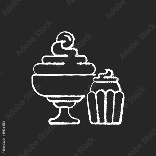 Desserts chalk white icon on black background. Biscuits, cakes, cookies. Ice cream, frozen yogurt. Confections. Whipped cream. High-fat, high-sugar foods. Isolated vector chalkboard illustration