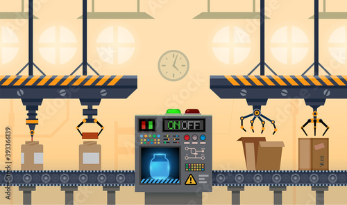 Conveyor factory, manufacture belt and product line, vector assembly machine. Production industry cartoon background automated manufacturing and distribution of product boxes on conveyor belt
