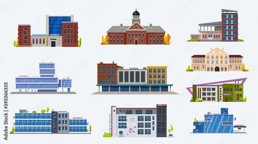 City buildings icons, school and university, municipal architecture houses, vector flat isolated icons set. Modern and old classic buildings of school, university or college facade interiors