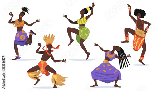 African female dancers flat set for web design. Cartoon aboriginal people dancing folk or ritual dance isolated vector illustration collection. Tribal dance and Africa concept