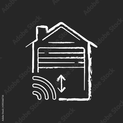 Garage door opener chalk white icon on black background. Smart house future technologies. Car place helper. Device for more comfortable life. Isolated vector chalkboard illustration