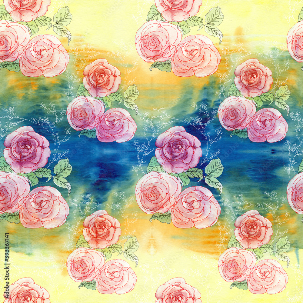 Roses. Watercolor sketch. Decorative composition. Floral motives. Use printed materials, signs, items, websites, maps, posters, postcards, packaging..Seamless pattern.