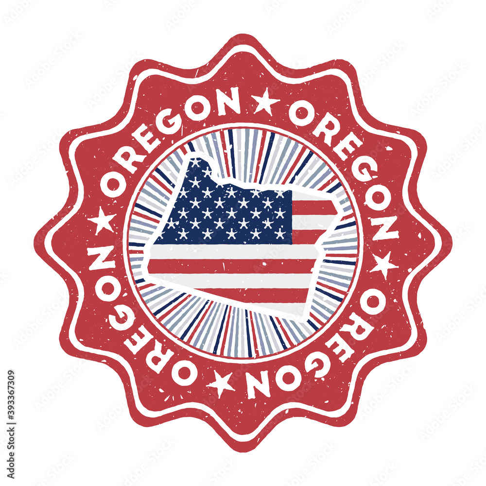 Oregon round grunge stamp with US state map and country flag. Vintage badge with circular text and stars, vector illustration. Oregon round grunge stamp with US state map and country flag. Vintage badge with circular text and stars, vector illustration.
