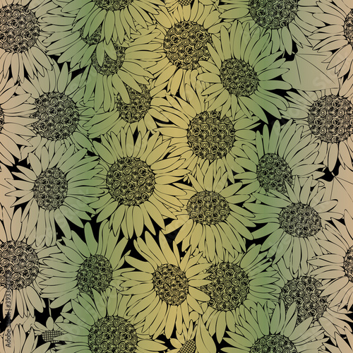 Vector Sunflowers in Yellow Green Ombre Scattered on Black Background Seamless Repeat Pattern. Background for textiles, cards, manufacturing, wallpapers, print, gift wrap and scrapbooking.