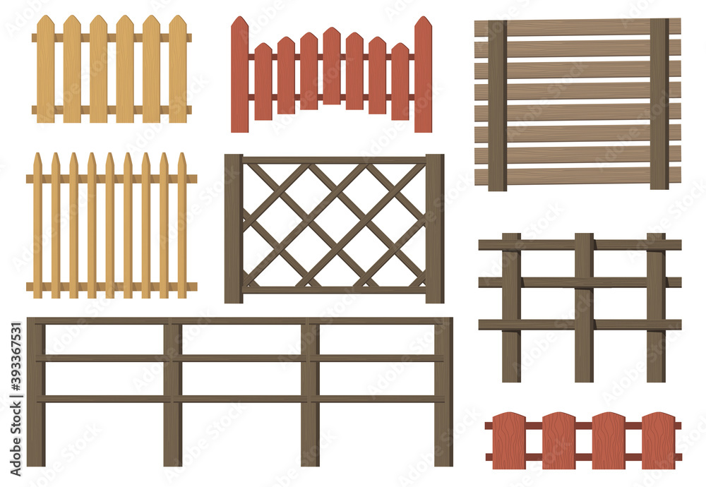Rural wooden fences flat item set. Cartoon farm or village vintage brown  gates isolated vector illustration collection. Timbers barriers and  countryside concept Stock Vector | Adobe Stock