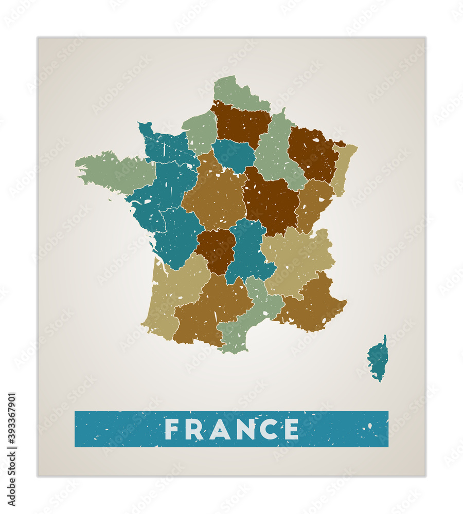 France map. Country poster with regions. Old grunge texture. Shape of France with country name. Powerful vector illustration.