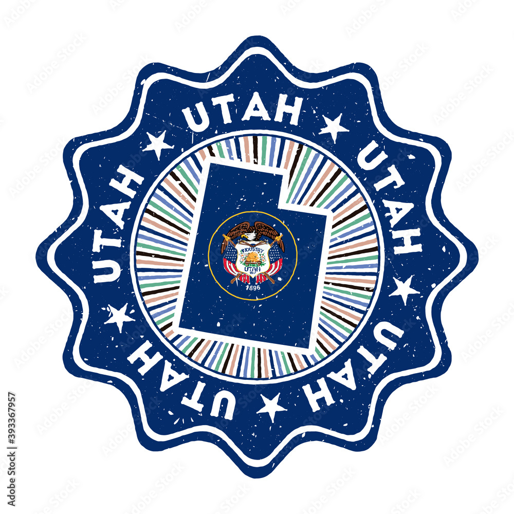 Utah round grunge stamp with us state map and state flag. Vintage badge with circular text and stars, vector illustration.