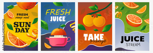 Citrus posters set. Whole and cut fruits, orange tree branch vector illustrations with text. Food and drink concept for fresh bar flyers and brochures design