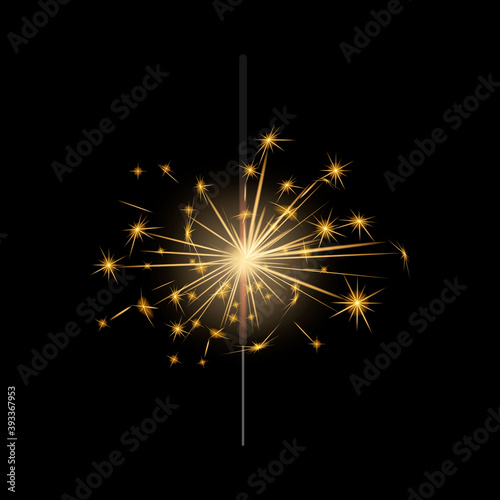
Bright yellow sparkler on black isolated background.Christmas and New Year lights. Stock vector illustration.