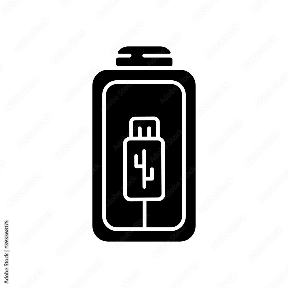 Battery charging using cable black glyph icon. Different smart devices working time encreasing. Plug in charger. Getting working power. Silhouette symbol on white space. Vector isolated illustration Battery charging using cable black glyph icon. Different smart devices working time encreasing. Plug in charger. Getting working power. Silhouette symbol on white space. Vector isolated illustration