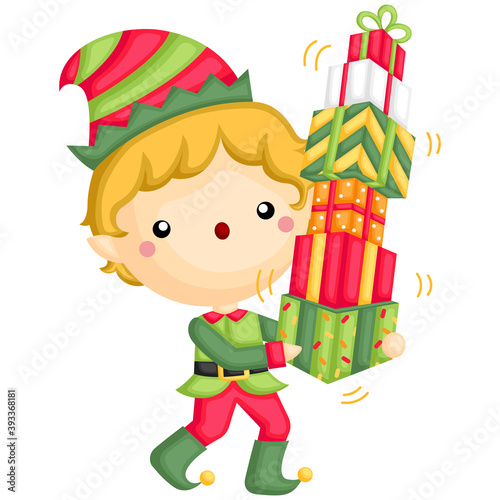 A Vector of Cute Boy in Elf Costume Holding Wobbly Gift Boxes 