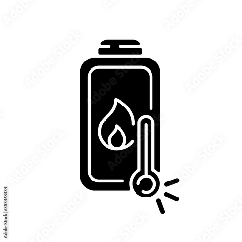 Battery overheating problem black glyph icon. Dealing with dangerous device issues. Creating bad charging cables. High heat. Silhouette symbol on white space. Vector isolated illustration