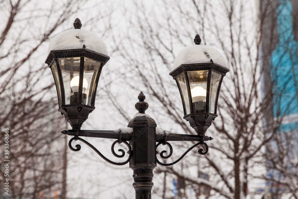 street lamp, covered with a snow cap
