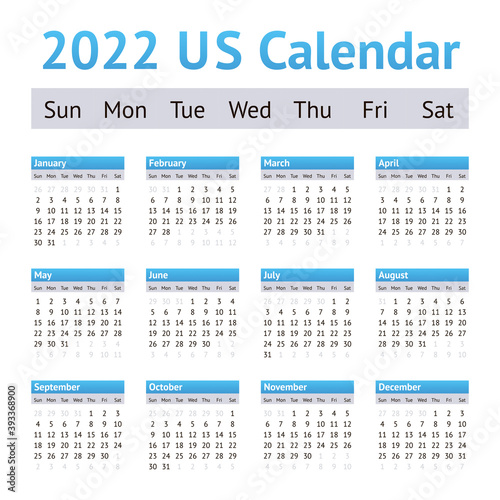 2022 US American English Calendar. Weeks start on Sunday