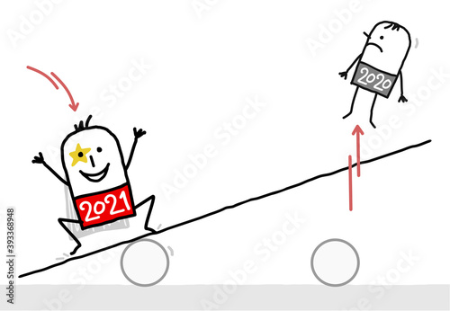 Cartoon 2021 Super Hero Jumping on a teeter board, and Bumping off a 2020 man