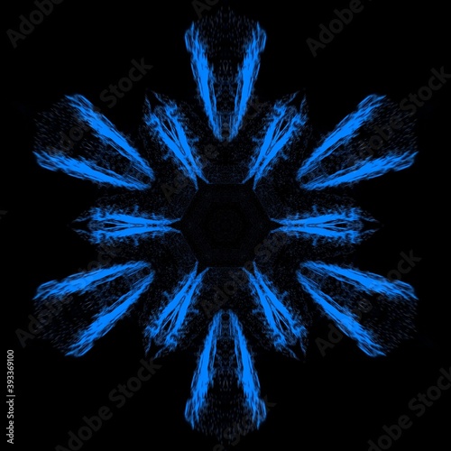 shades of bright neon blue and indigo colored symmetric intricate abstract patterns shapes and hexagonal design on black background