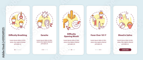 Sore throat complications onboarding mobile app page screen with concepts. Difficulty breathing, high fever walkthrough 5 steps graphic instructions. UI vector template with RGB color illustrations