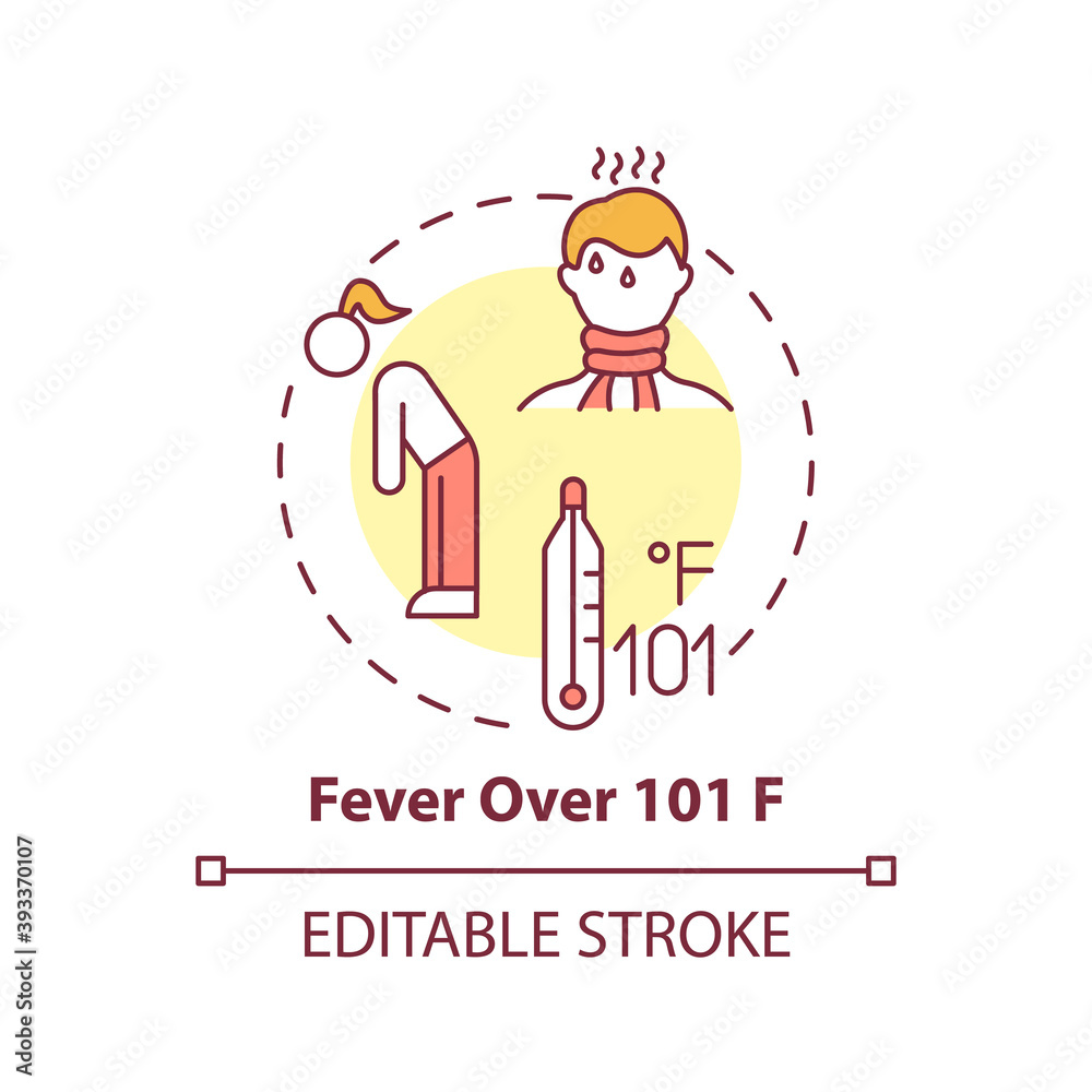 Fever over 101 F concept icon. Sore throat complication idea thin line illustration. Dangerous body temperatures. Illness sign. Medical care. Vector isolated outline RGB color drawing. Editable stroke Fever over 101 F concept icon. Sore throat complication idea thin line illustration. Dangerous body temperatures. Illness sign. Medical care. Vector isolated outline RGB color drawing. Editable stroke