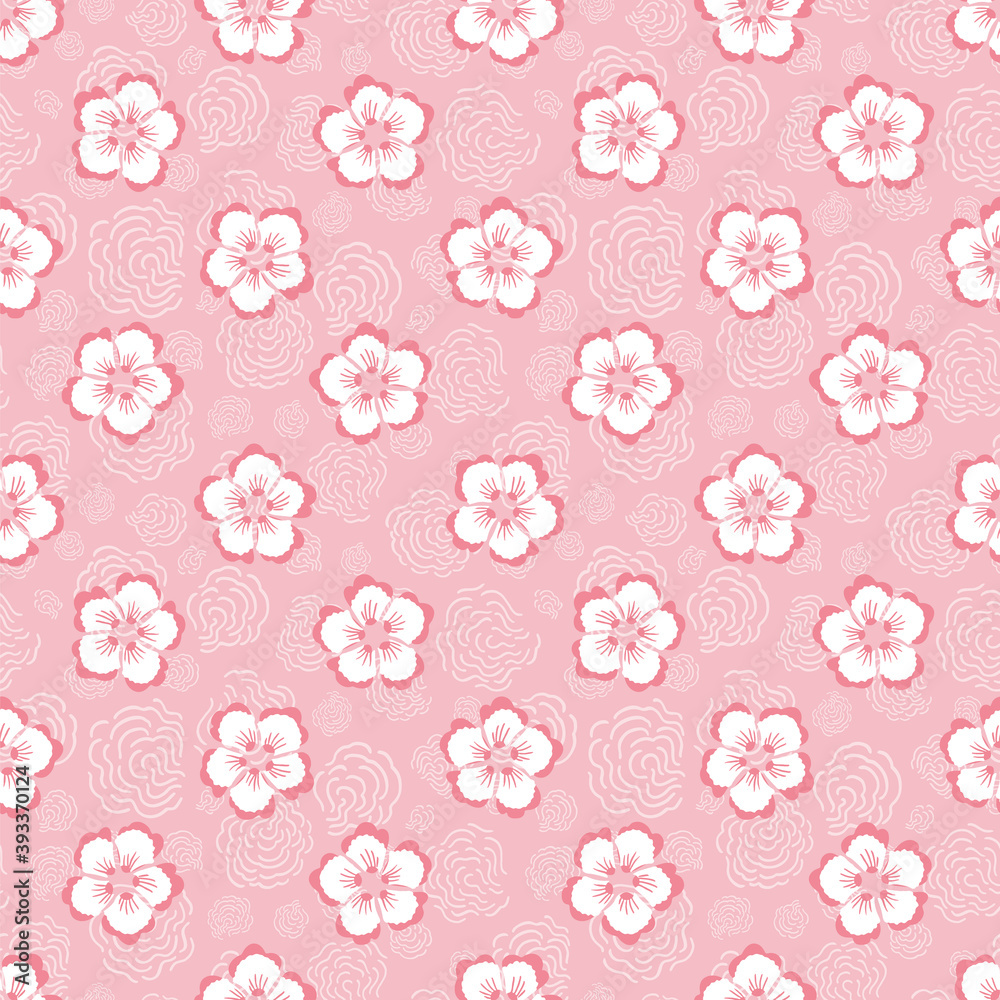 Vector Japanese pink cherry blossom seamless pattern with hand drawn florals on pink background, wavy textured. Nature background. Surface pattern design.