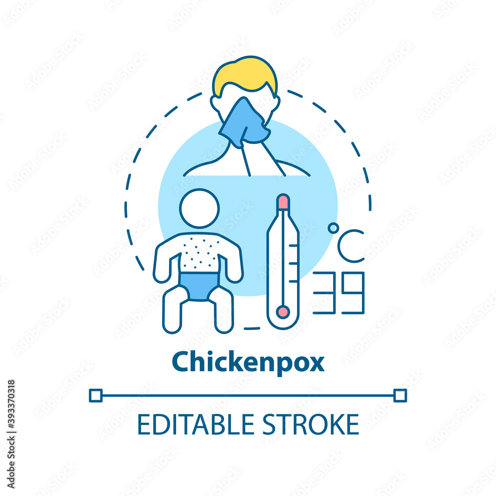 Chickenpox concept icon. Varicella idea thin line illustration. Highly contagious disease. Small, itchy fluid-filled blisters on skin. Vector isolated outline RGB color drawing. Editable stroke