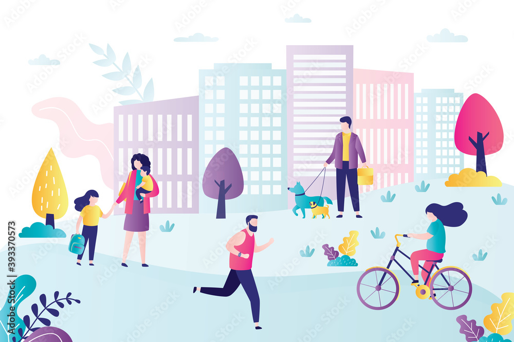 Male character running outdoor. Man walking dogs in park. Cute woman rides a bike. Mother with children walking through park Male character running outdoor. Man walking dogs in park. Cute woman rides a bike. Mother with children walking through park