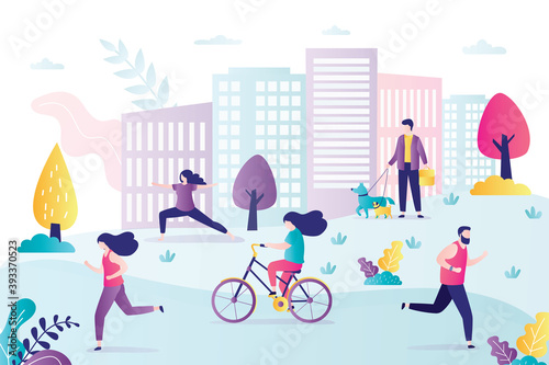 People running outdoor. Female character rides bicycle. Woman practice yoga outdoors. Handsome man walking dogs in park