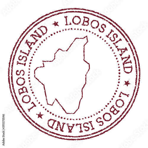 Lobos Island round rubber stamp with island map. Vintage red passport stamp with circular text and stars, vector illustration.