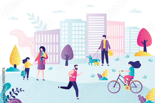 Male character running outdoor. Man walking dogs in park. Cute woman rides a bike. Mother with children walking through park
