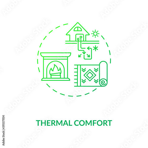 Thermal comfort green concept icon. Temperature at home. House conditioning. Heat control in living space. Biophilia idea thin line illustration. Vector isolated outline RGB color drawing